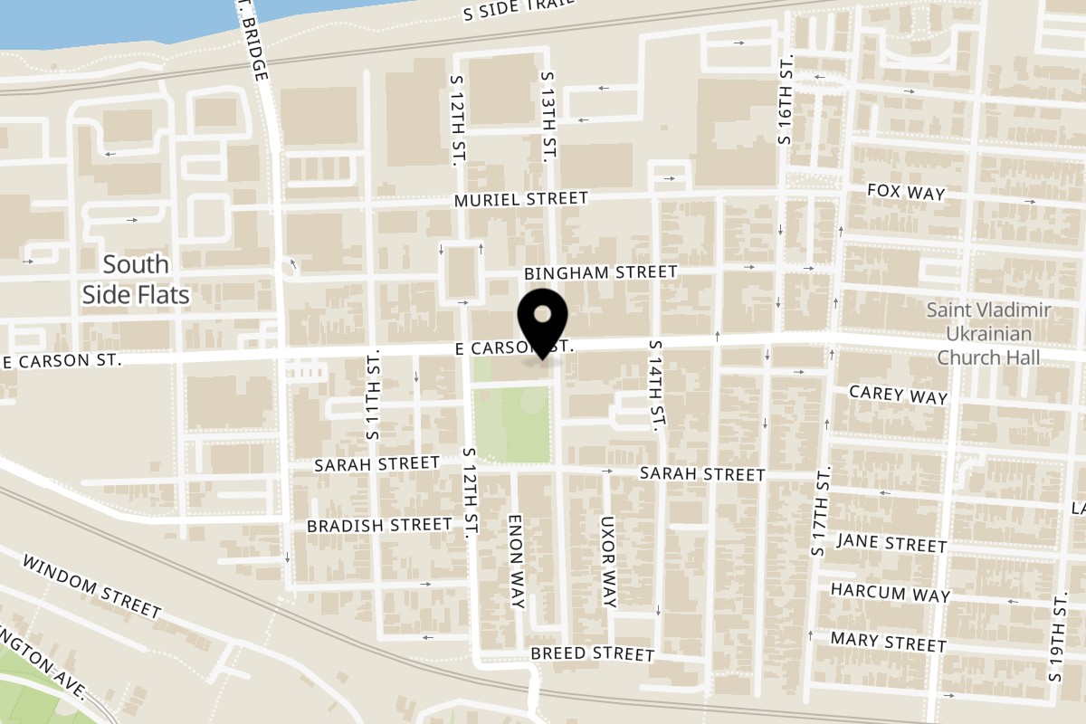Map showing the location of Twelve Whiskey BBQ on 1222 E Carson St in Pittsburgh